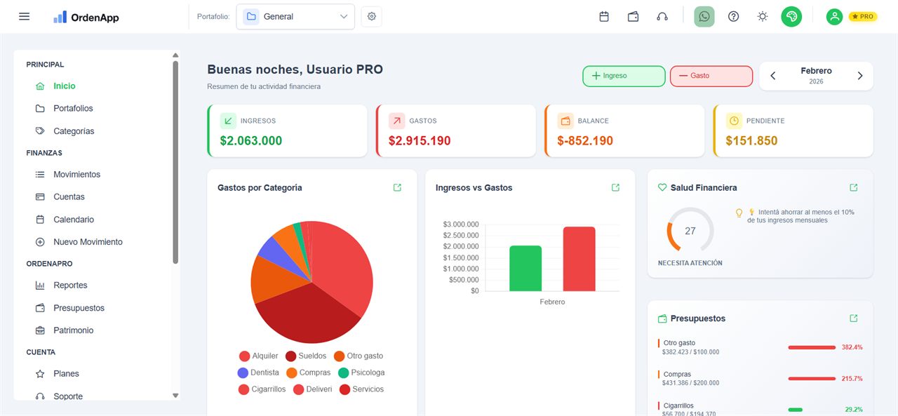 Dashboard principal de OrdenApp mostrando control de gastos e ingresos